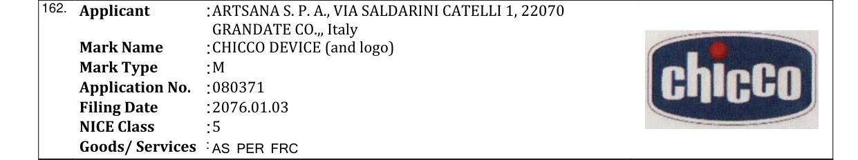Original bulletin entry for CHICCO DEVICE (and logo)