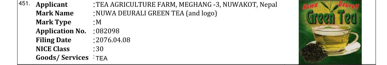 Original bulletin entry for NUWA DEURALI GREEN TEA (and logo)