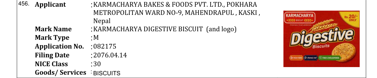 Original bulletin entry for KARMACHARYA DIGESTIVE BISCUIT (and logo)