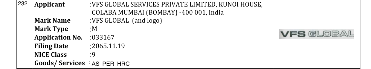 Original bulletin entry for VFS GLOBAL (and logo)