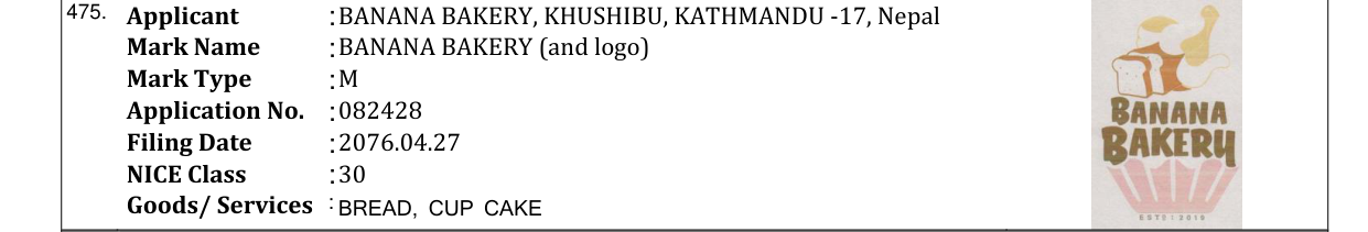 Original bulletin entry for BANANA BAKERY (and logo)