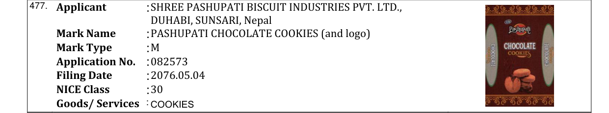 Original bulletin entry for PASHUPATI CHOCOLATE COOKIES (and logo)