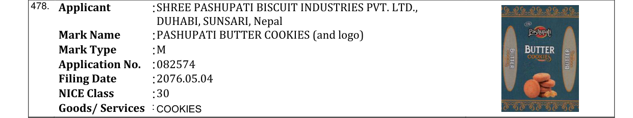Original bulletin entry for PASHUPATI BUTTER COOKIES (and logo)