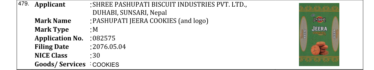 Original bulletin entry for PASHUPATI JEERA COOKIES (and logo)