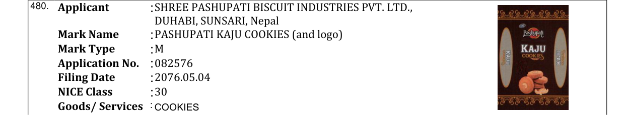 Original bulletin entry for PASHUPATI KAJU COOKIES (and logo)
