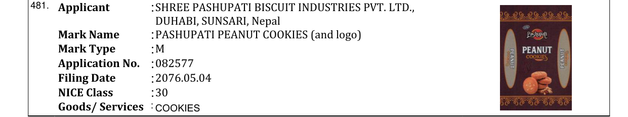 Original bulletin entry for PASHUPATI PEANUT COOKIES (and logo)