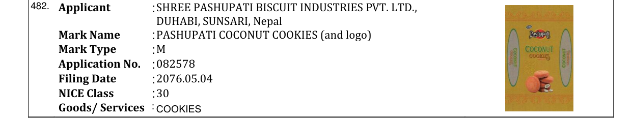 Original bulletin entry for PASHUPATI COCONUT COOKIES (and logo)