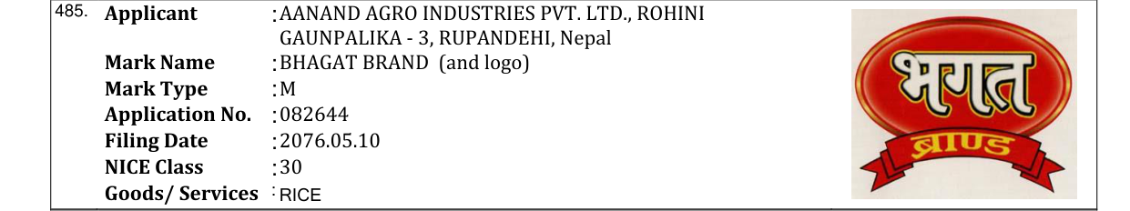 Original bulletin entry for BHAGAT BRAND (and logo)