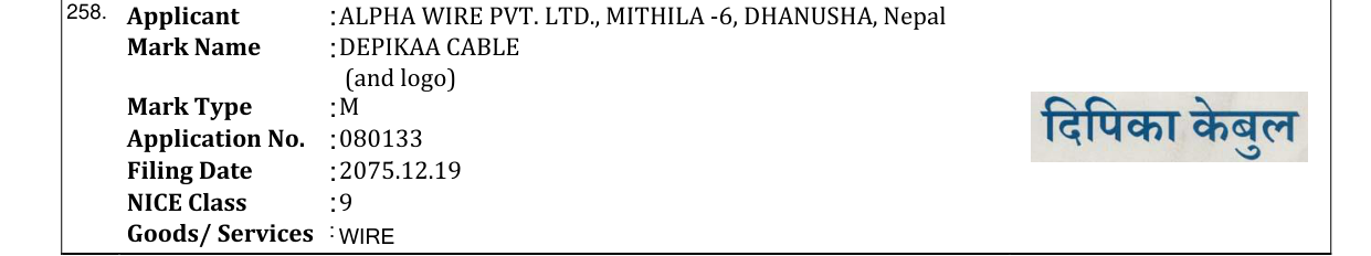 Original bulletin entry for DEPIKAA CABLE (and logo)