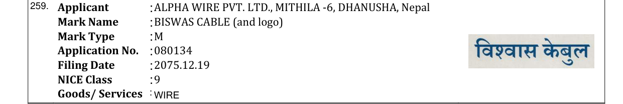 Original bulletin entry for BISWAS CABLE (and logo)
