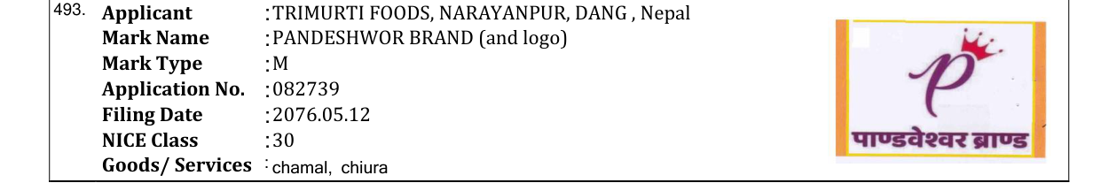 Original bulletin entry for PANDESHWOR BRAND (and logo)