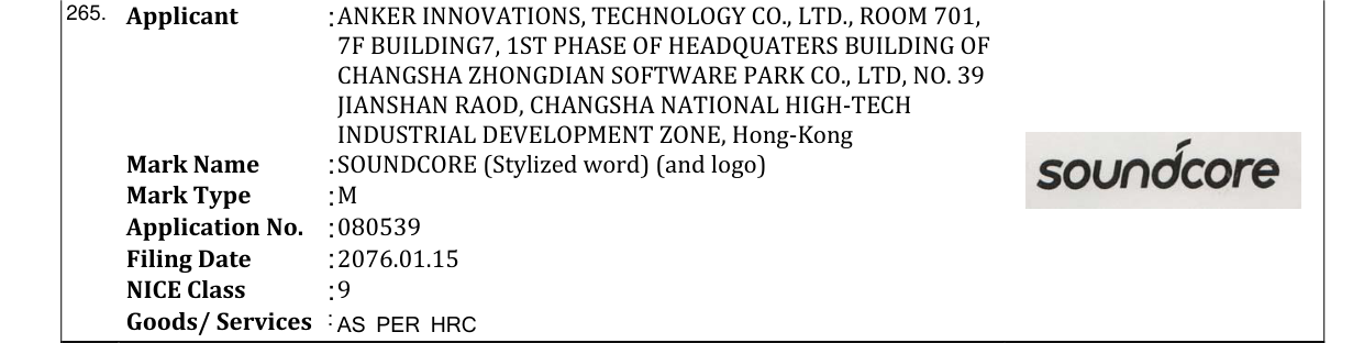 Original bulletin entry for SOUNDCORE (Stylized word) (and logo)