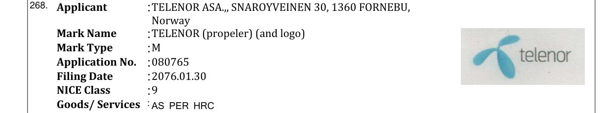 Original bulletin entry for TELENOR (propeler) (and logo)