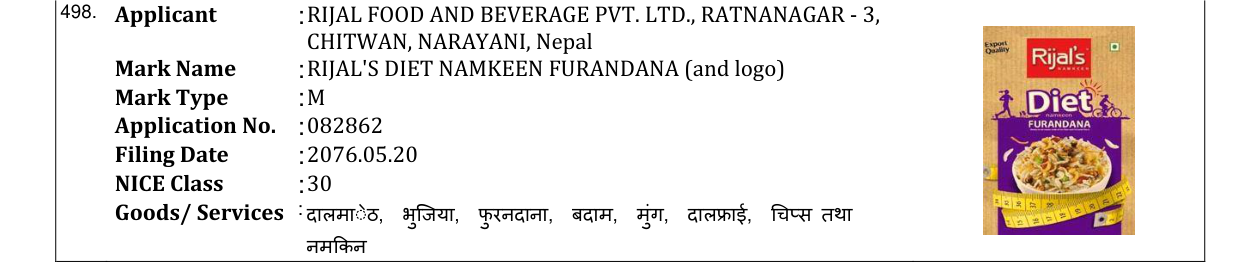 Original bulletin entry for RIJAL'S DIET NAMKEEN FURANDANA (and logo)