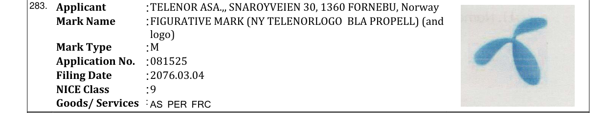 Original bulletin entry for FIGURATIVE MARK (NY TELENORLOGO BLA PROPELL) (and logo)
