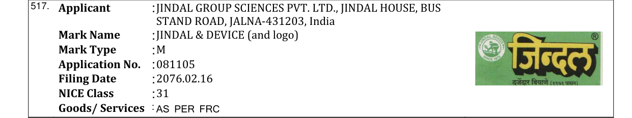 Original bulletin entry for JINDAL & DEVICE (and logo)