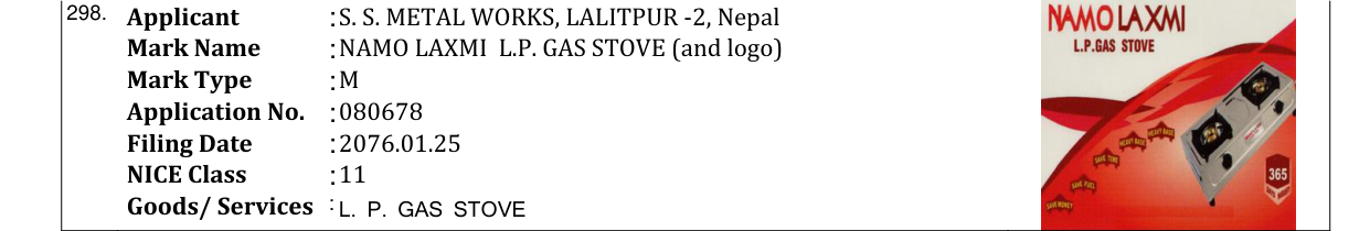 Original bulletin entry for NAMO LAXMI L.P. GAS STOVE (and logo)