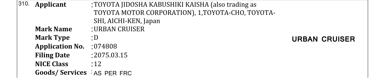 Original bulletin entry for URBAN CRUISER