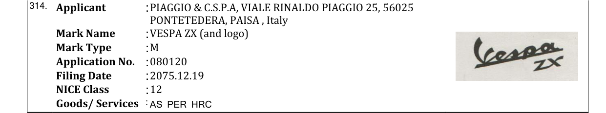 Original bulletin entry for VESPA ZX (and logo)