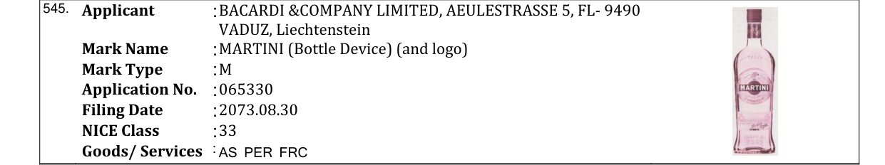 Original bulletin entry for MARTINI (Bottle Device) (and logo)