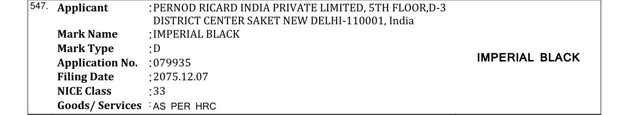 Original bulletin entry for IMPERIAL BLACK