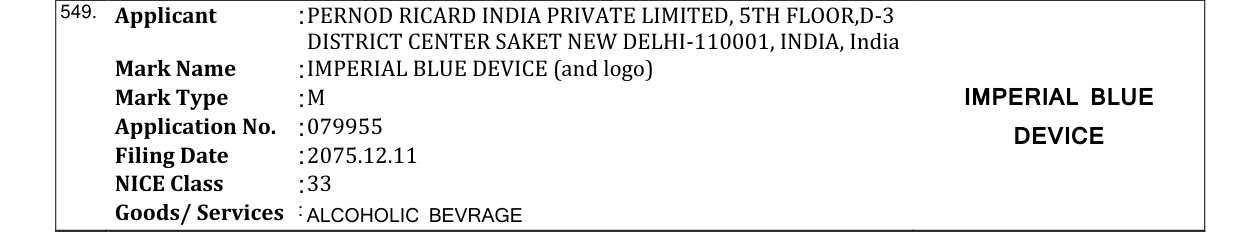 Original bulletin entry for IMPERIAL BLUE DEVICE (and logo)