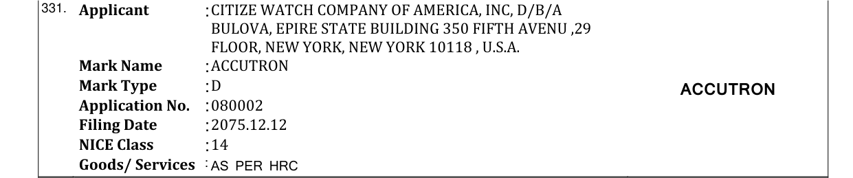 Original bulletin entry for ACCUTRON