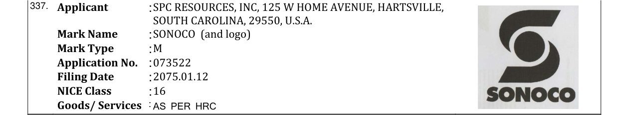 Original bulletin entry for SONOCO (and logo)