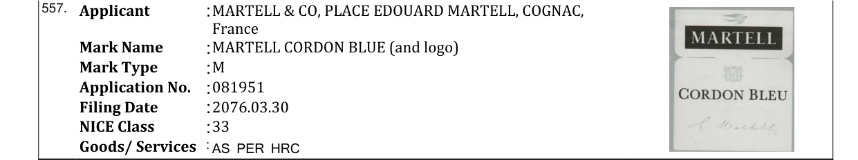 Original bulletin entry for MARTELL CORDON BLUE (and logo)
