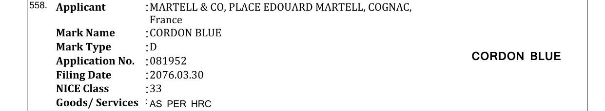 Original bulletin entry for CORDON BLUE