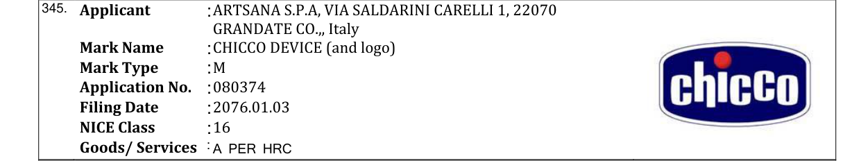 Original bulletin entry for CHICCO DEVICE (and logo)