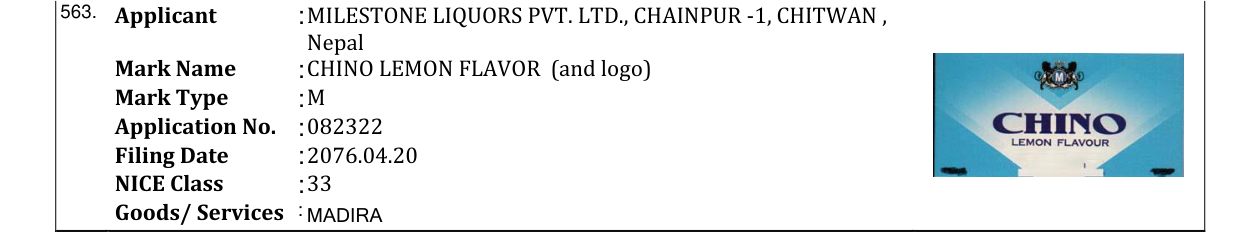 Original bulletin entry for CHINO LEMON FLAVOR (and logo)