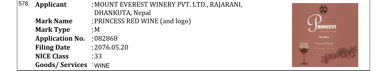 Original bulletin entry for PRINCESS RED WINE (and logo)