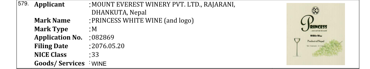 Original bulletin entry for PRINCESS WHITE WINE (and logo)