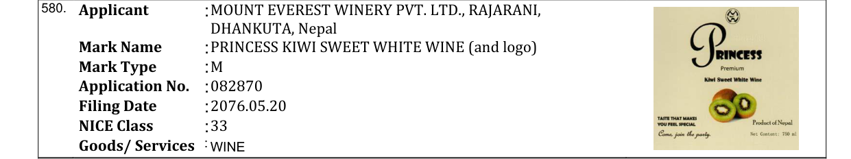 Original bulletin entry for PRINCESS KIWI SWEET WHITE WINE (and logo)