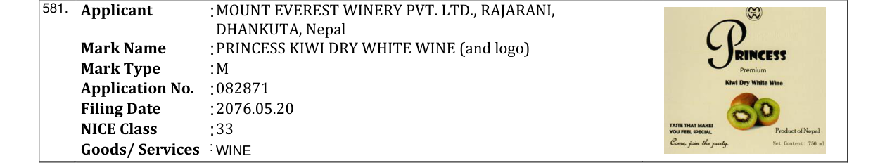 Original bulletin entry for PRINCESS KIWI DRY WHITE WINE (and logo)
