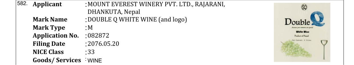 Original bulletin entry for DOUBLE Q WHITE WINE (and logo)