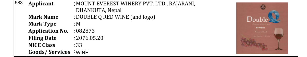 Original bulletin entry for DOUBLE Q RED WINE (and logo)