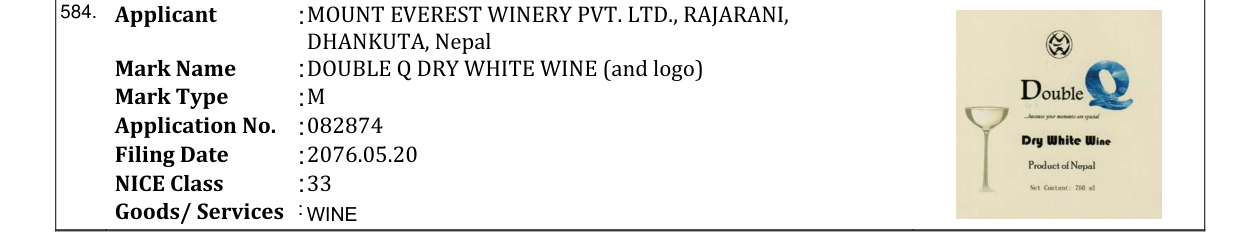 Original bulletin entry for DOUBLE Q DRY WHITE WINE (and logo)