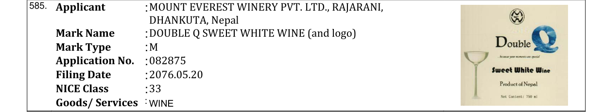 Original bulletin entry for DOUBLE Q SWEET WHITE WINE (and logo)