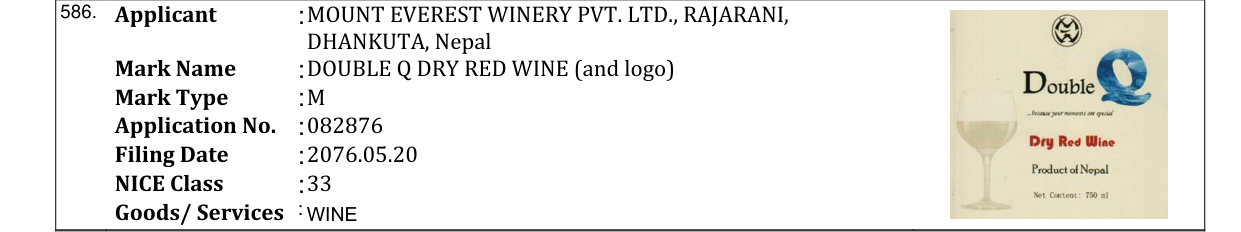 Original bulletin entry for DOUBLE Q DRY RED WINE (and logo)