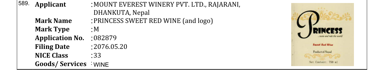 Original bulletin entry for PRINCESS SWEET RED WINE (and logo)