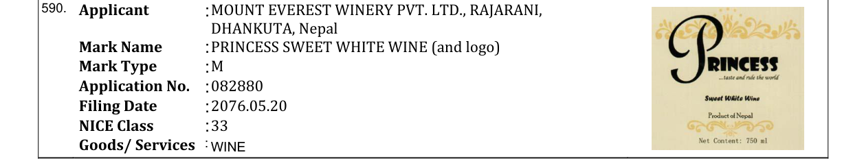 Original bulletin entry for PRINCESS SWEET WHITE WINE (and logo)