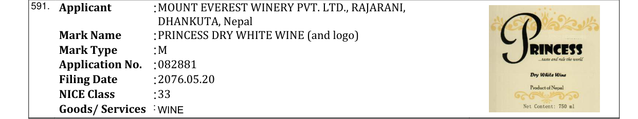 Original bulletin entry for PRINCESS DRY WHITE WINE (and logo)