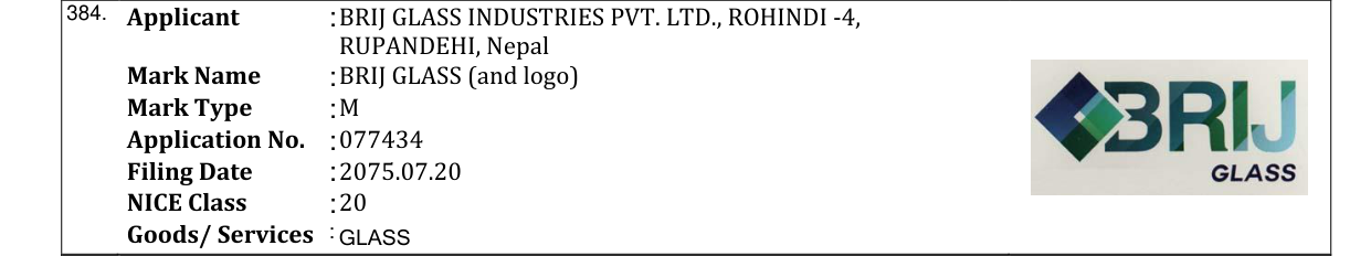 Original bulletin entry for BRIJ GLASS (and logo)