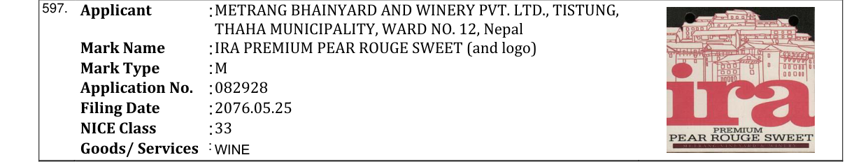 Original bulletin entry for IRA PREMIUM PEAR ROUGE SWEET (and logo)