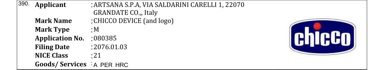 Original bulletin entry for CHICCO DEVICE (and logo)