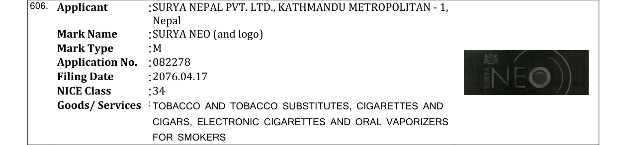 Original bulletin entry for SURYA NEO (and logo)