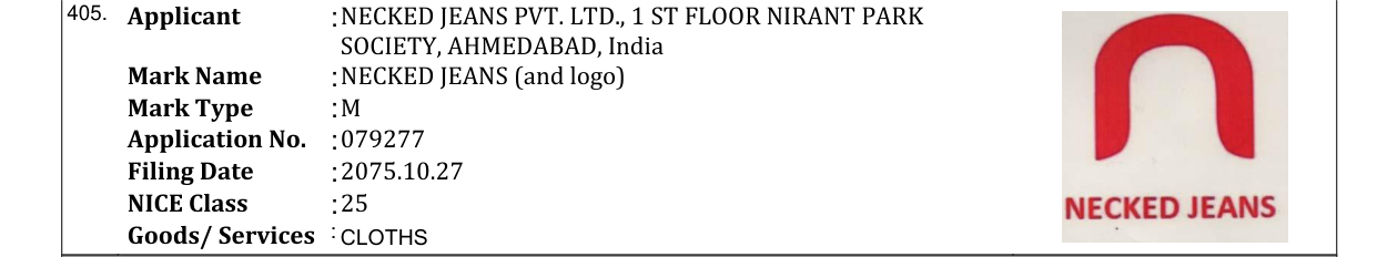 Original bulletin entry for NECKED JEANS (and logo)
