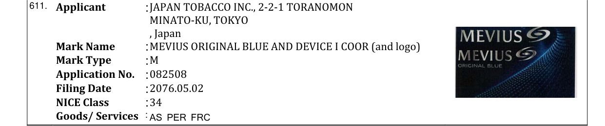 Original bulletin entry for MEVIUS ORIGINAL BLUE AND DEVICE I COOR (and logo)